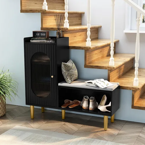 Vista 6 de HLR Banco de almacenamiento con puerta y estante de cristal, moderno banco de zapatos de entrada con asiento acolchado, armario de almacenamiento