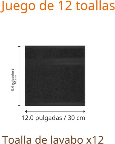 Vista 5 de Amazon Basics Toallas de algodón para la cara, suaves, absorbentes, paquete de 12, color negro, 12 x 12 pulgadas