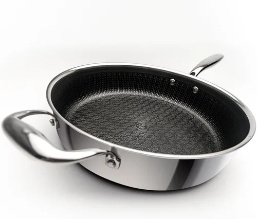 Vista 3 de Hell's Kitchen Sartén híbrida Tri-Clad de 4 cuartos de galón con tapa, antiadherente, resistente a los arañazos, mango ergonómico, apto