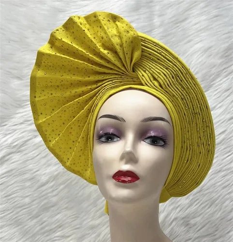 Vista 2 de Ya hecho Nigeriano Aso Oke Auto Gele con piedras Mujeres Turbante Sombrero Envoltura Cabeza Diadema Africana Diadema Moda Para Fiesta (Amarillo)