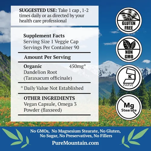 Vista 2 de Pure Mountain Botanicals Cápsulas de raíz de diente de león, suplemento orgánico de 450 mg, 90 pastillas de diente de león veganas kosher sin OMG