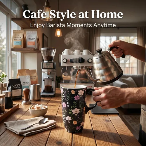 Vista 2 de Taza de café de cerámica de 17 onzas con tapa y asa, taza de viaje floral púrpura, apta para microondas y lavavajillas, taza de café grande con caja