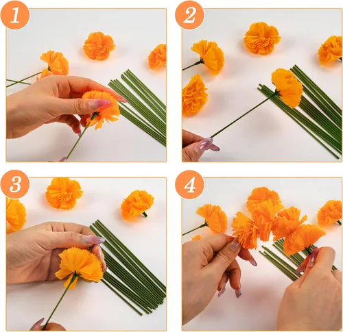 Vista 5 de 30 flores artificiales de caléndula de 2 pulgadas, cabezas de flores de caléndula de seda con tallos, flores naranjas artificiales para decoración