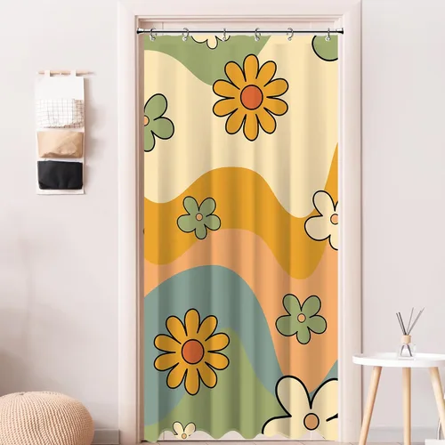 Vista 2 de Cortina de ducha pequeña para casa rodante, tamaño medio, estilo retro de los 70, con flores bonitas, estética abstracta de margaritas, decorativa