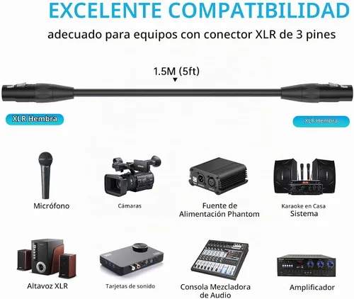 Vista 3 de Cable XLR hembra a hembra, cable de micrófono XLR de 3 pines hembra a hembra para equipos de audio y sonido (5 pies/4.9 ft, 1 unidad)