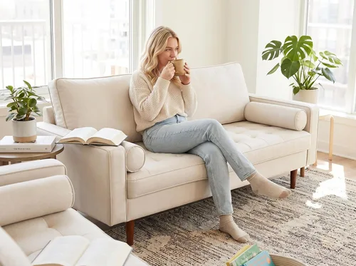 Vista 19 de Container Furniture - Sofá de piel sintética para la sala de estar moderna con cojines extraíbles y patas de madera maciza, sofá estilo lujoso