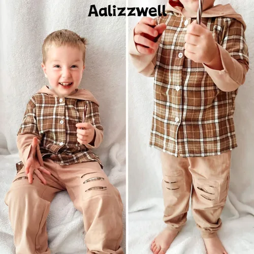 Vista 2 de Aalizzwell Conjunto de sudadera con capucha a cuadros para niños pequeños