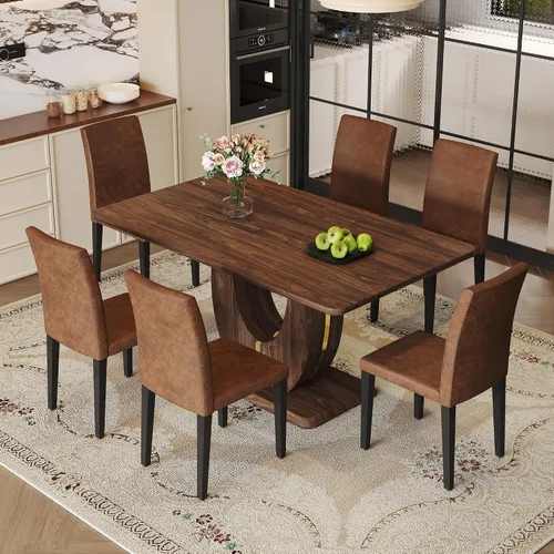 Vista 87 de JUFU Juego de mesa de comedor moderno para 4, juego de mesa de cocina rectangular de 63 pulgadas con mesa de mármol sintético y 4 sillas tapizadas