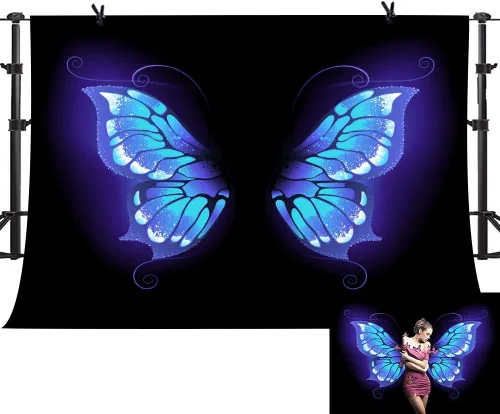 Vista 8 de Fondo de fotos de retrato de ensueño con alas de mariposa azul para fotografía de vinilo de 5 x 3 pies para eventos, decoración de fiesta, telón