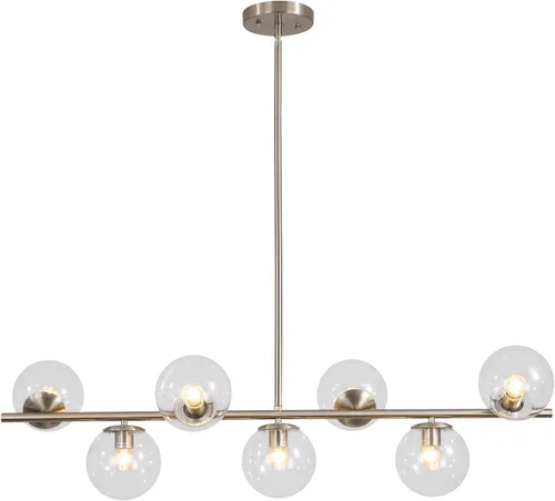 Vista 12 de KCO Iluminación Moderna Candelabro Colgante Lineal de Latón con 7 Luces de Cristal Dorado y Blanco, Iluminación Colgante Globo de Mediados de Siglo