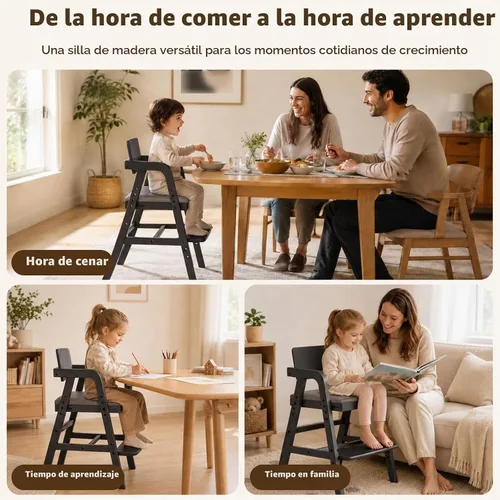 Vista 9 de Silla de comedor de madera para niños pequeños con asiento Negro