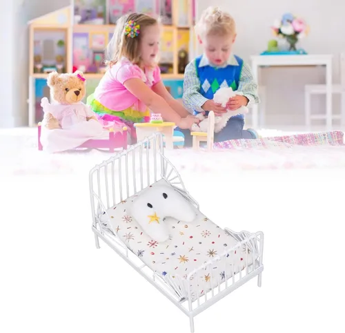 Vista 8 de Cama de metal para casa de muñecas de 1/12, almohada con patrón de estrellas, muebles en miniatura para coleccionistas, constructores de modelos