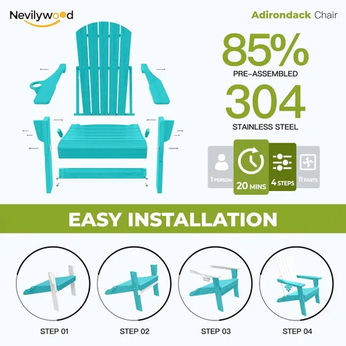 Vista 7 de nevilywood Silla Adirondack plegable – Respaldo ergonómico extendido, portavasos – Fácil montaje – Plástico HDPE duradero, resistente a