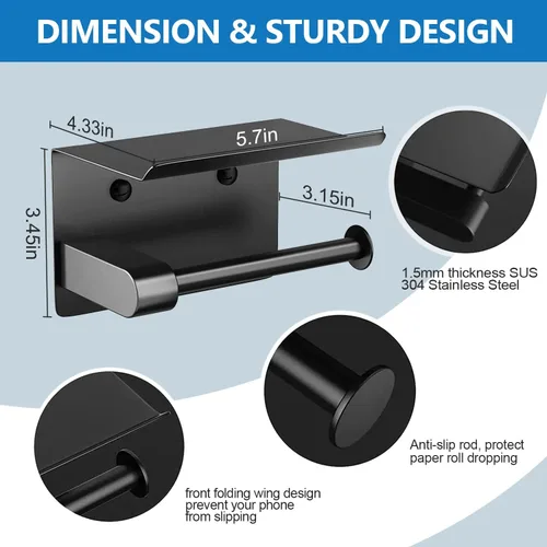 Vista 4 de Soporte de papel higiénico de pared con estante para teléfono, soporte de papel de almacenamiento, dispensador de papel adhesivo negro con estante