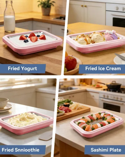 Vista 7 de Máquina de helados enrollada, placa manual de acero inoxidable para hacer rollos de helado con 2 raspadores, bandeja de postre congelado casera,