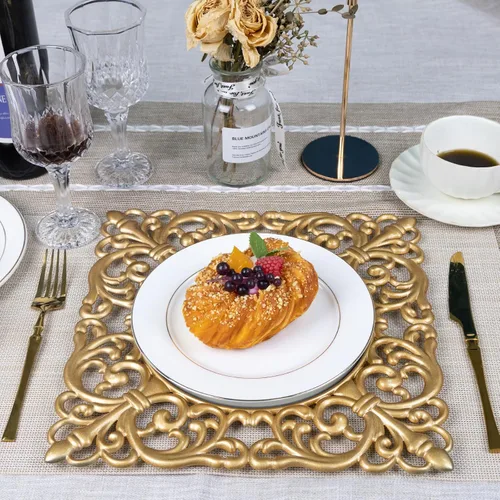 Vista 5 de MAONAME Platos cargadores dorados de 12", juego de 12 unidades, cargador espejo para platos de cena, platos cargadores de plástico con bordes