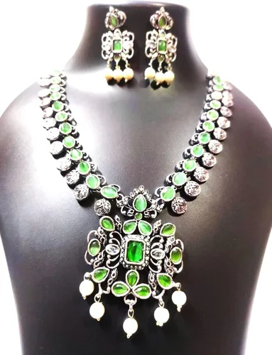 Vista 2 de PS - Juego de collar y aretes de piedra chapada en plata tradicional para mujer