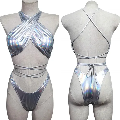 Vista 4 de JUMISEE Bikini con tiras de holograma brillante neón para mujer, sexy, halter envolvente, traje de baño con tanga para fiesta rave