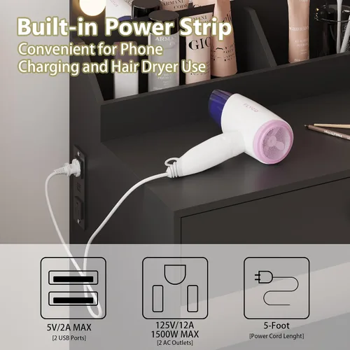 Vista 7 de BORNOON Escritorio pequeño con espejo y luces, escritorio de tocador de maquillaje con brillo ajustable, 3 modos de luz, armario de almacenamiento