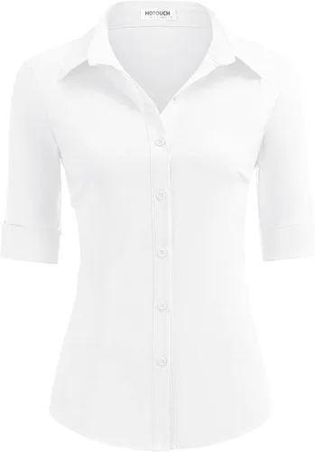 Vista 17 de HOTOUCH Camisas básicas con botones para mujer, manga 3/4, elásticas, con botones, camisa de vestir ajustada para camarera