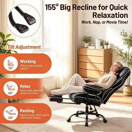 Vista 3 de Silla de oficina ejecutiva reclinable grande y alta, cuero Negro