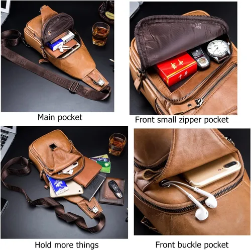 Vista 6 de BULLCAPTAIN Bolso bandolera de cuero genuino para hombre, estilo casual, multiusos, mochila de hombro, mochila de viaje para senderismo