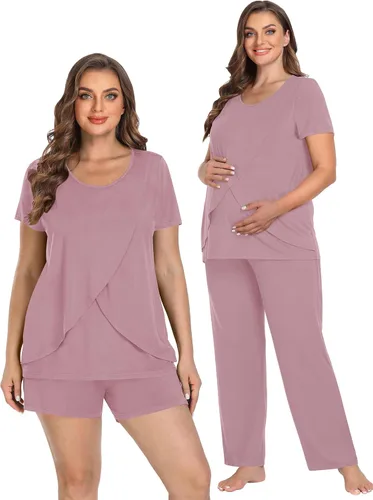 Vista 2 de SWOMOG Conjunto de pijama de maternidad para mujer, 3 piezas, ajustable, ropa de dormir de doble capa de manga corta para embarazo