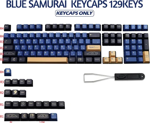 Vista 2 de MOLGRIA Teclas Samurai azules, juego de 129 teclas PBT para teclado de juegos, teclas personalizadas de sublimación de tinte de perfil de cereza