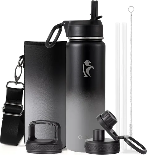 Vista 81 de Coolflask Botella de agua de 20 onzas aislada con pajilla, 3 tapas de metal de acero inoxidable, botella de agua de boca ancha para deportes u