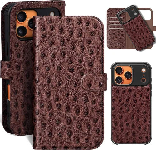 Vista 53 de Funda de cuero compatible con iPhone 16 Pro Max Cartera 6.9", cuero genuino 2 en 1, magnética, desmontable, a prueba de golpes, funda tipo folio
