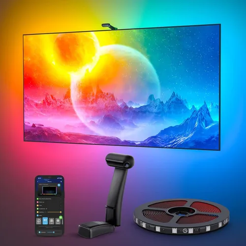 Vista 9 de Govee Envisual - Retroiluminación LED T2 para TV con cámaras duales, tira de luces LED RGBIC Wi-Fi de 11.8 pies para televisores de 55 a 65