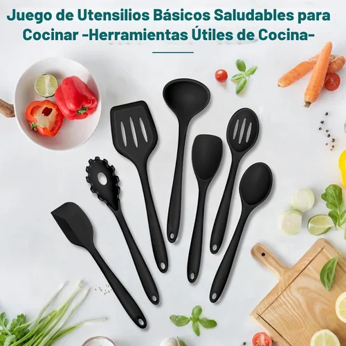 Vista 7 de TeamFar Juego de 7 utensilios de cocina de silicona, herramientas antiadherentes de cocina negras, espátula, cucharón, servidor de pasta