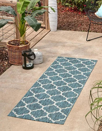 Vista 70 de Unique Loom Outdoor Trellis Collection Alfombra de Área (5' 1" x 8' Oval, Aguamarina/Gris)