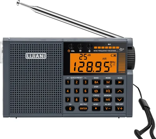 Vista 5 de Radio de onda corta AIR/VHF/AM/FM/SW/Transistor de bandas meteorológicas con linterna, retroiluminación de tecla, registro digital, reloj