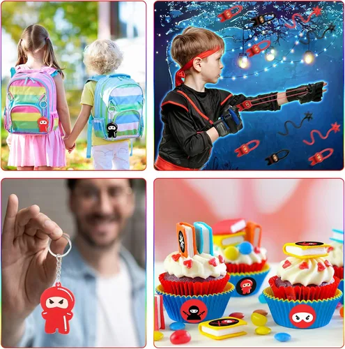 Vista 4 de HyDren 109 piezas de recuerdos de fiesta de ninja para 18 invitados, incluyen Ninja Slingshot Sticky Stretch Toys Llaveros de goma, calcomanías