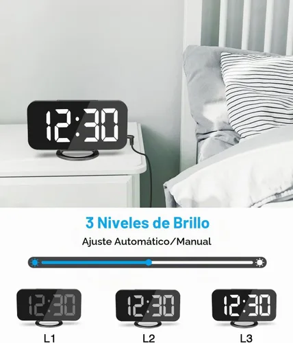 Vista 3 de Reloj despertador digital, relojes electrónicos con espejo LED de 7 pulgadas, con 2 puertos de carga USB, modo de suspensión, ajuste automático