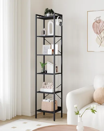 Vista 7 de Hzuaneri Estantería para libros, estantería industrial con 2 ganchos, organizador de almacenamiento para oficina en casa, sala de estar, dormitorio