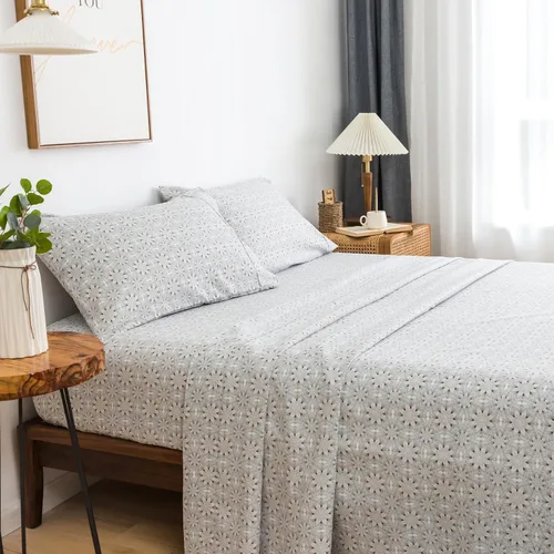 Vista 27 de KACEMOO Juego de sábanas Queen de 4 piezas con estampado floral beige, juego de sábanas bohemias de microfibra con bolsillo profundo, lujosas Beige