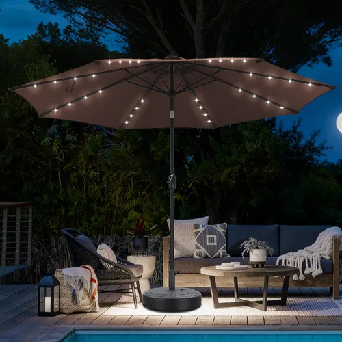 Vista 30 de Sombrilla solar de patio de 10 pies con base, 32 luces LED, sombrilla de mercado al aire libre con botón de inclinación y grietas para jardín Azul