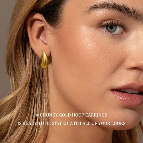 Vista 4 de Aretes de lágrima de oro para mujer, aretes de aro gruesos de oro para mujer, a la moda, hipoalergénicos, ligeros, grandes, huecos, abiertos