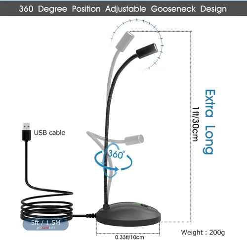 Vista 2 de Micrófono USB, diseño de cuello de cisne ajustable de 360 grados, botón de silencio e indicador LED, tecnología de cancelación de ruido, plug &