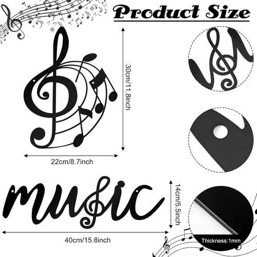 Vista 2 de Zhengmy 2 piezas de notas musicales decoración de pared de metal negro agudos claves musicales notas musicales arte de pared colgante musical