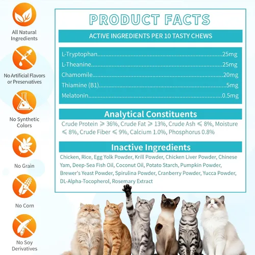 Vista 6 de Golosinas calmantes para gatos, 500 golosinas calmantes crujientes y cremosas con melatonina, manzanilla para gatos, alivio del estrés