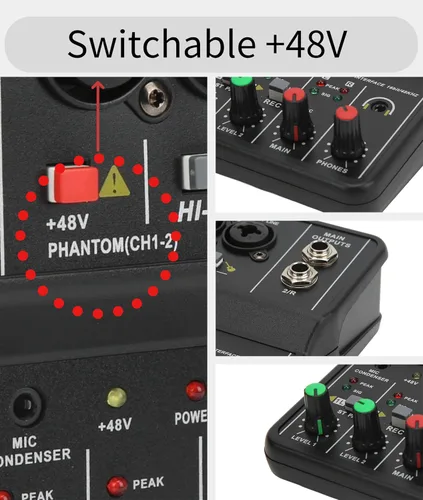 Vista 4 de Mini mezclador de audio, 2 canales USB portátil con tarjeta de sonido en vivo, sistema de consola con alimentación fantasma de 48 V, mezclador DJ