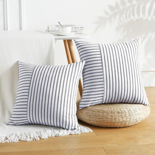 Vista 3 de OTOSTAR Paquete de 2 fundas de almohada decorativas con diseño de retazos a rayas de 18 x 18 pulgadas, fundas de cojín cuadradas para sofá Rayas