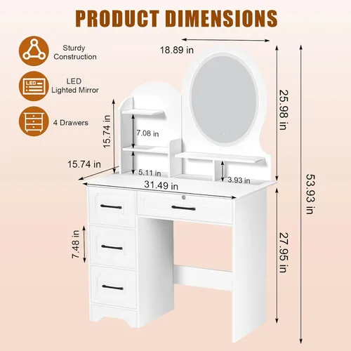 Vista 3 de Escritorio de tocador con espejo LED, 3 modos de iluminación de brillo ajustable, espejo de maquillaje con 4 cajones, tocador para dormitorio