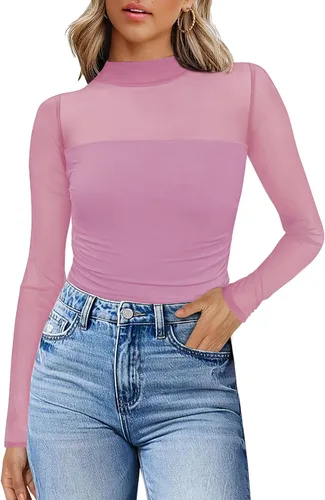 Vista 38 de Camisas de manga larga de malla sexy para mujer, ropa de moda, cuello de tortuga, drapeada, para salir, trajes de otoño, blusas ajustadas Negro