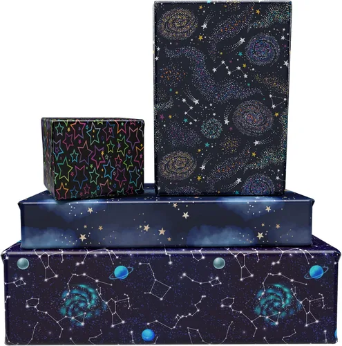 Vista 5 de GIOLNIAY Papel de regalo de galaxia para niños y niñas, cumpleaños, baby shower, estrellas de neón, cielo nocturno, galaxia con nebulosa, 8 hojas