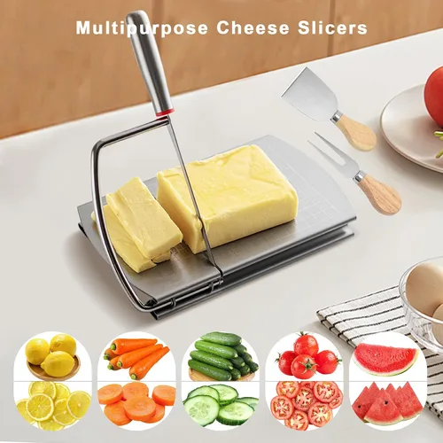 Vista 5 de Rebanador de queso con 2 piezas de cuchillo de queso, cortador de queso multiusos de acero inoxidable para queso en bloque con juego de 2 piezas
