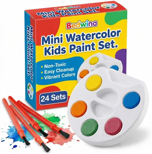 Vista 6 de Mini juego de pintura para niños de acuarela (paquete a granel de 12) - 5 pinturas de acuarela, bandeja de paleta y pincel de pintura